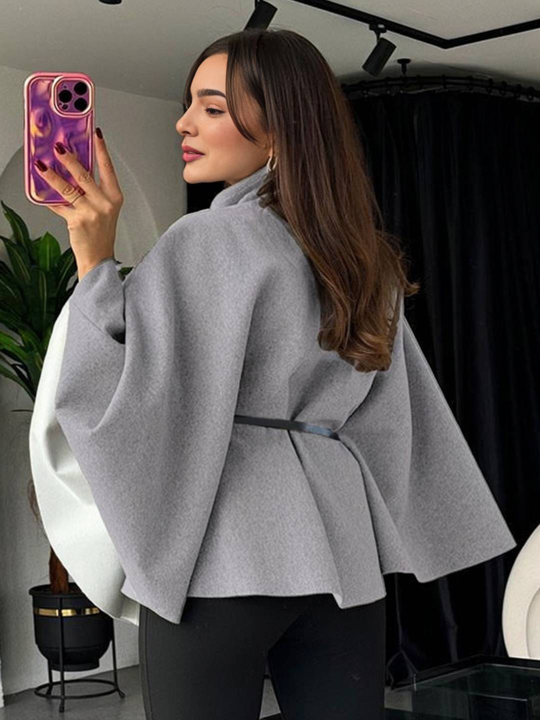 Cocolii court poncho manteau femme veste cape ceinture col montant manches longues oversized décontracté vintage blouson