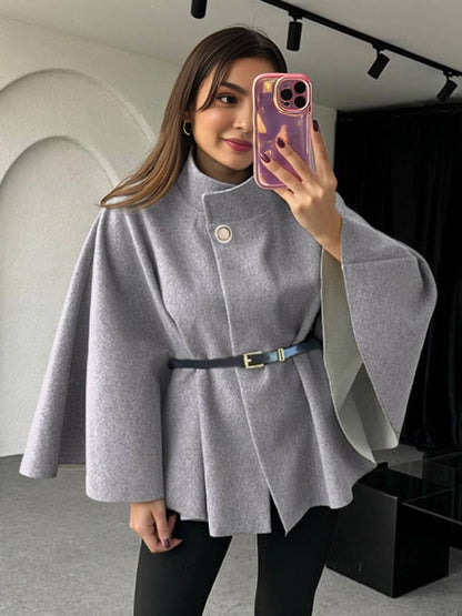 Cocolii court poncho manteau femme veste cape ceinture col montant manches longues oversized décontracté vintage blouson