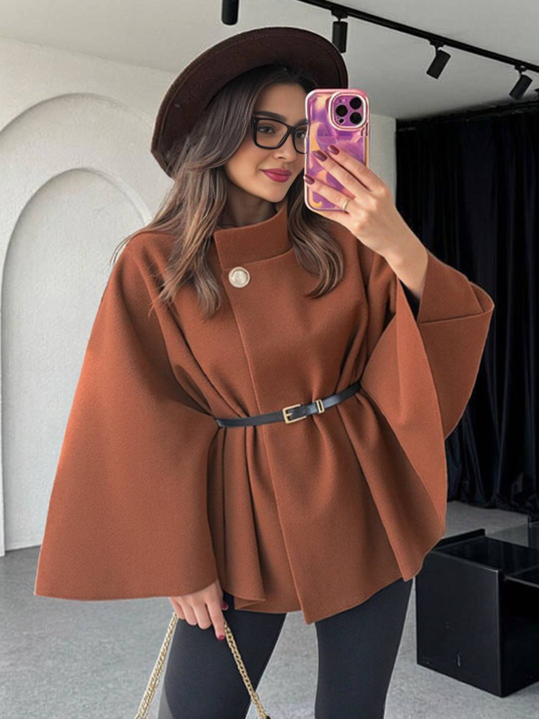 Cocolii court poncho manteau femme veste cape ceinture col montant manches longues oversized décontracté vintage blouson