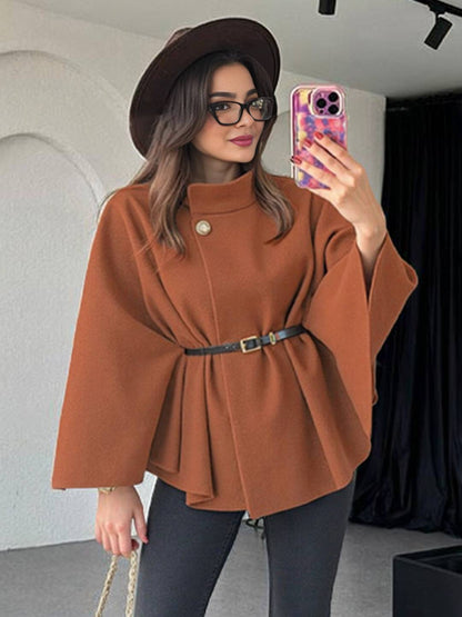 Cocolii court poncho manteau femme veste cape ceinture col montant manches longues oversized décontracté vintage blouson