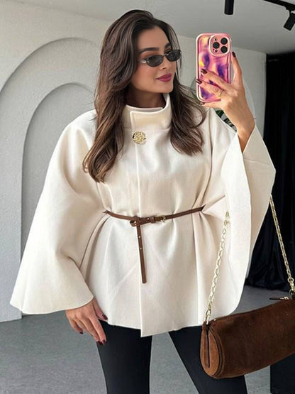 Cocolii court poncho manteau femme veste cape ceinture col montant manches longues oversized décontracté vintage blouson