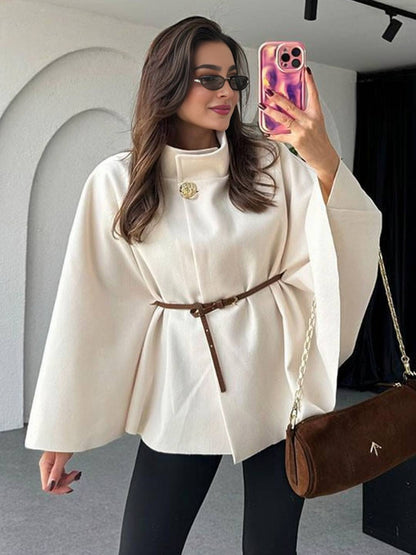 Cocolii court poncho manteau femme veste cape ceinture col montant manches longues oversized décontracté vintage blouson