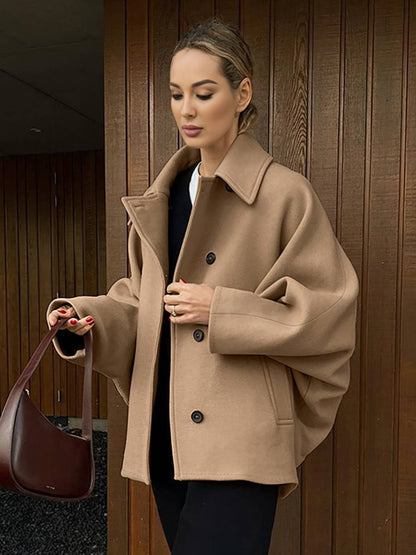 Cocolii camel manteau en laine femme veste col revers manches chauve souris manches longues ample décontracté hiver