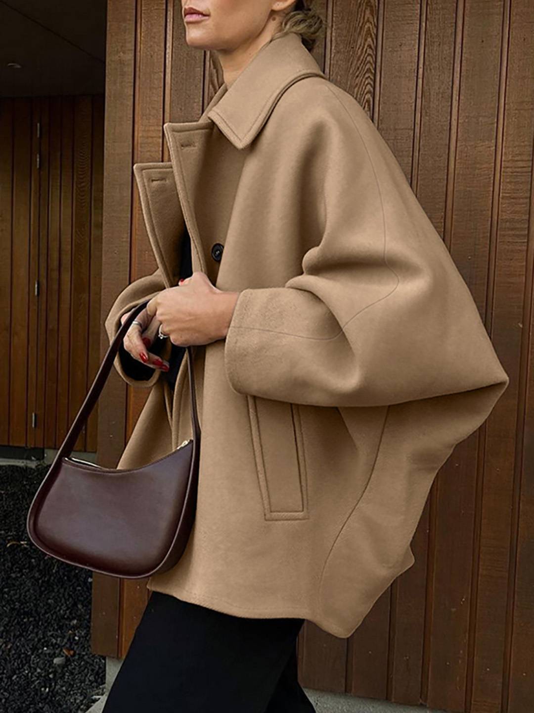 Cocolii camel manteau en laine femme veste col revers manches chauve souris manches longues ample décontracté hiver