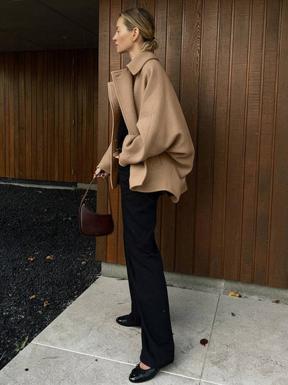 Cocolii camel manteau en laine femme veste col revers manches chauve souris manches longues ample décontracté hiver