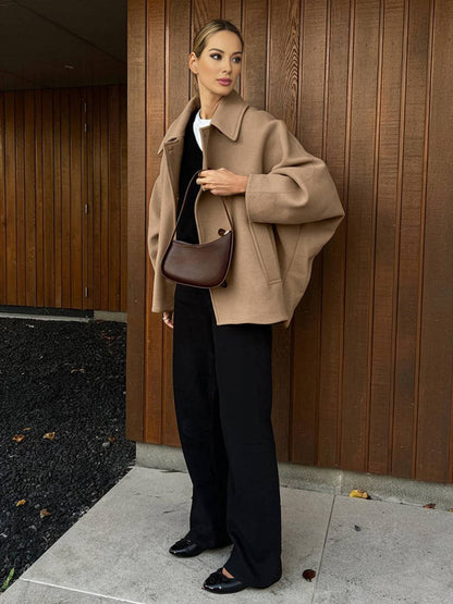 Cocolii camel manteau en laine femme veste col revers manches chauve souris manches longues ample décontracté hiver