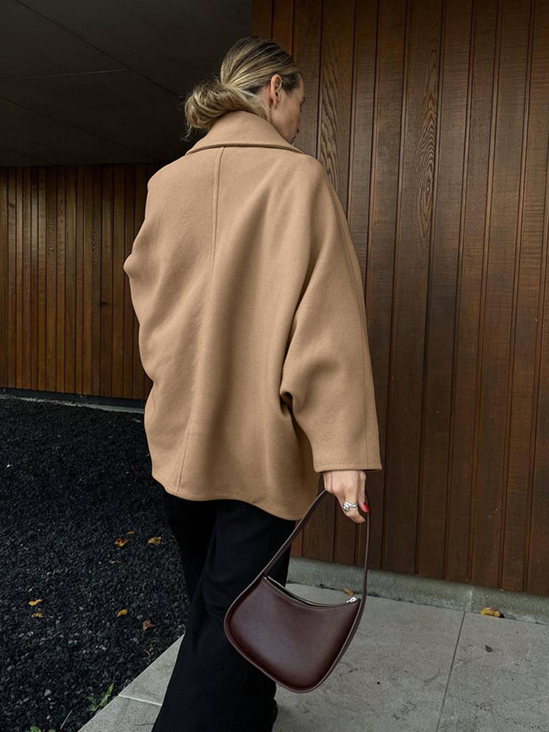 Cocolii camel manteau en laine femme veste col revers manches chauve souris manches longues ample décontracté hiver