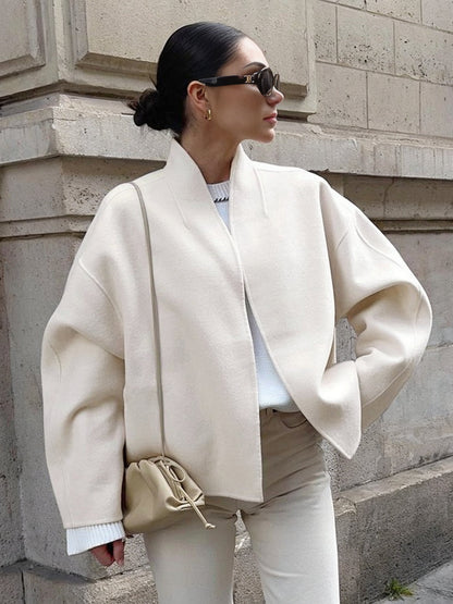 Cocolii court manteau en laine unicolore v-cou manches longues femme décontracté ample oversized veste automne hiver