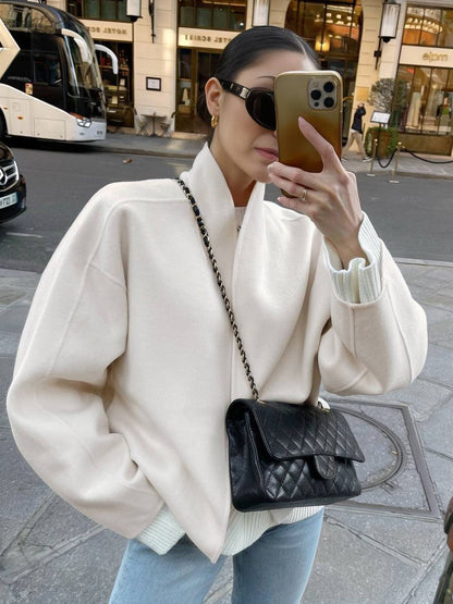 Cocolii court manteau en laine unicolore v-cou manches longues femme décontracté ample oversized veste automne hiver