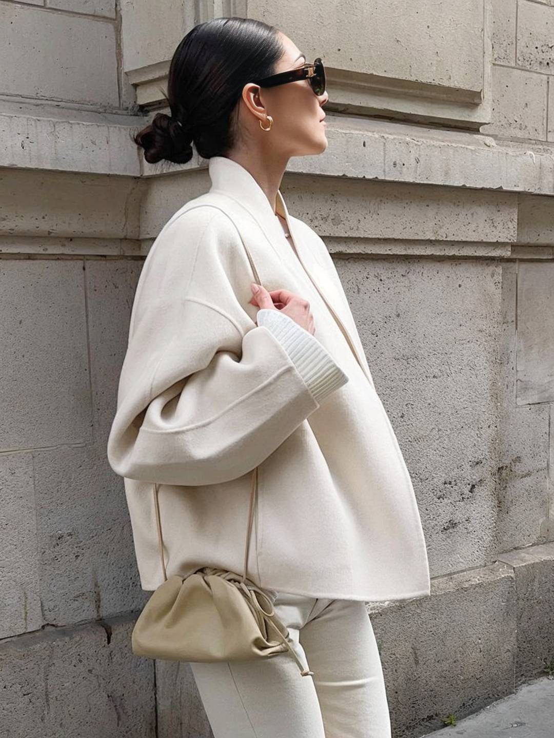 Cocolii court manteau en laine unicolore v-cou manches longues femme décontracté ample oversized veste automne hiver