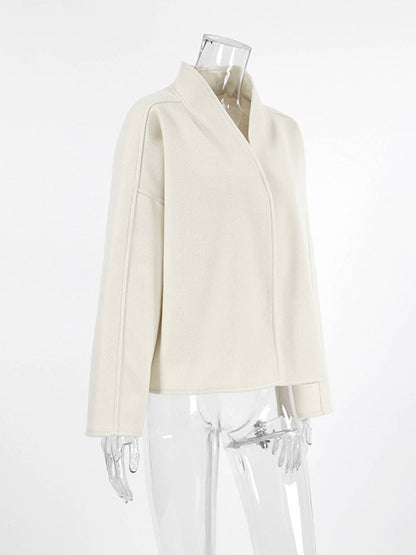 Cocolii court manteau en laine unicolore v-cou manches longues femme décontracté ample oversized veste automne hiver