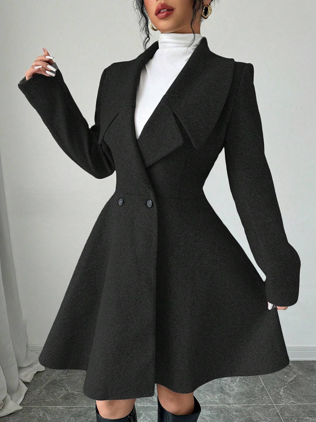 Cocolii mi-longue manteau patineuse boutons col revers manches longues femme doux élégant vintage veste de soirée