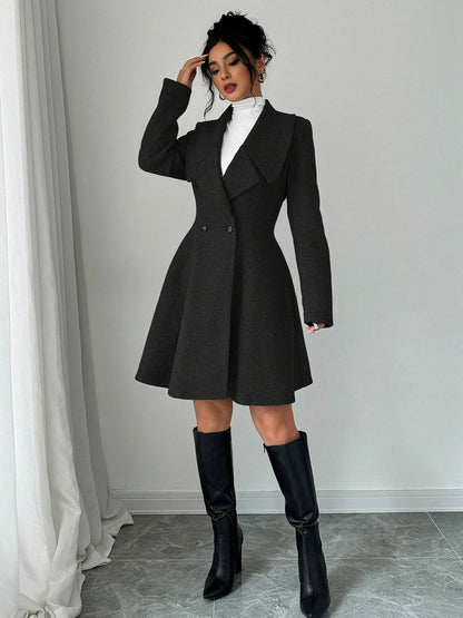 Cocolii mi-longue manteau patineuse boutons col revers manches longues femme doux élégant vintage veste de soirée