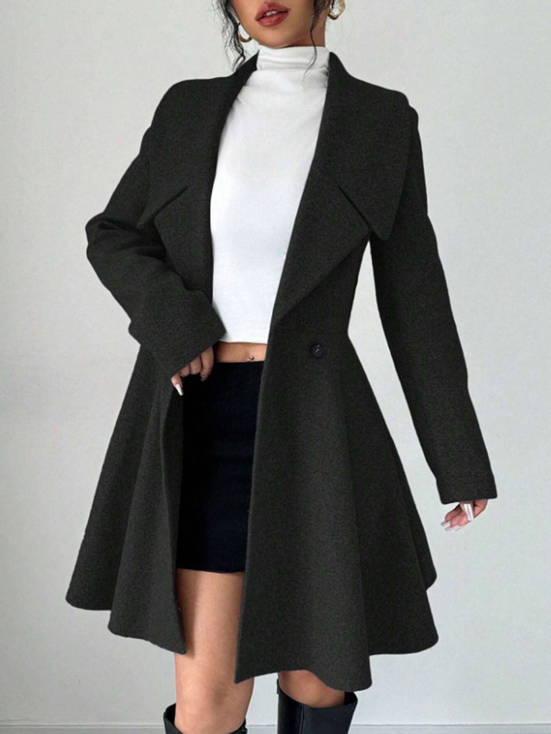 Cocolii mi-longue manteau patineuse boutons col revers manches longues femme doux élégant vintage veste de soirée