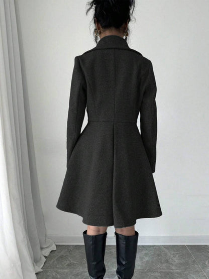 Cocolii mi-longue manteau patineuse boutons col revers manches longues femme doux élégant vintage veste de soirée