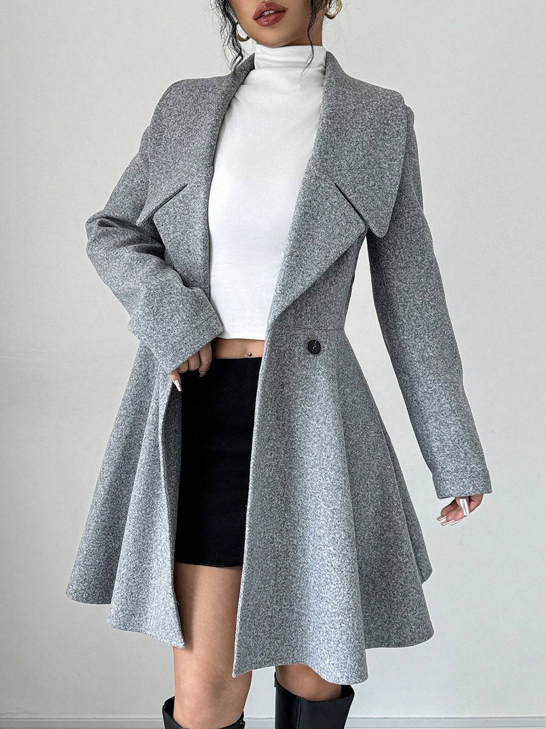 Cocolii mi-longue manteau patineuse boutons col revers manches longues femme doux élégant vintage veste de soirée