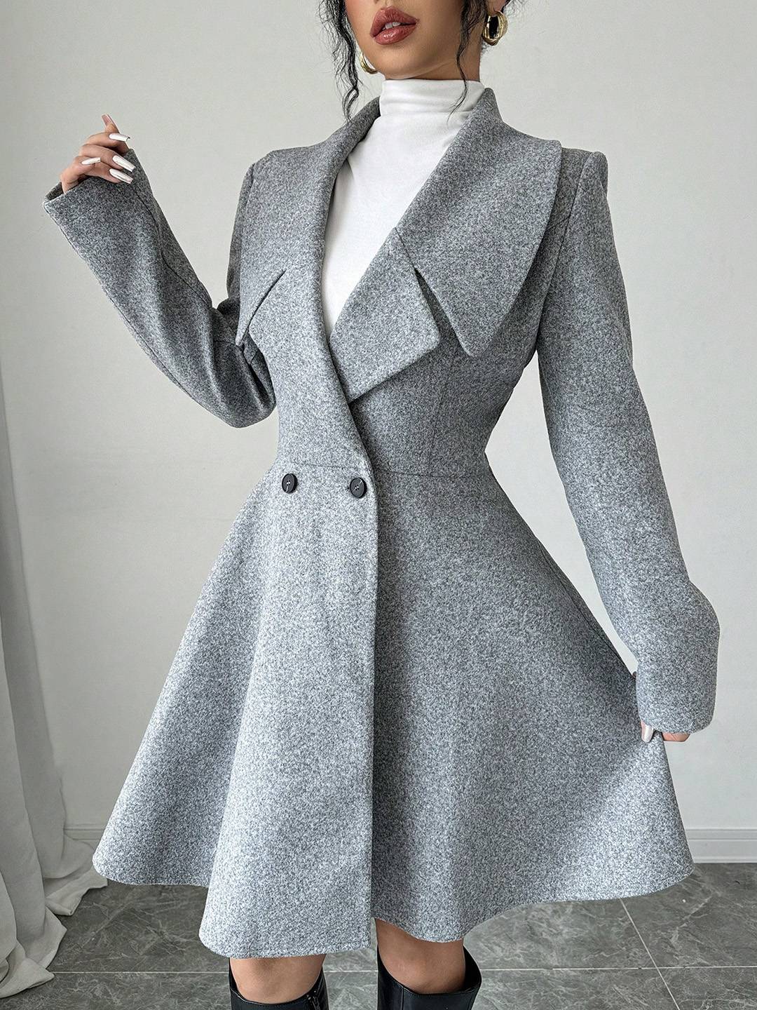 Cocolii mi-longue manteau patineuse boutons col revers manches longues femme doux élégant vintage veste de soirée