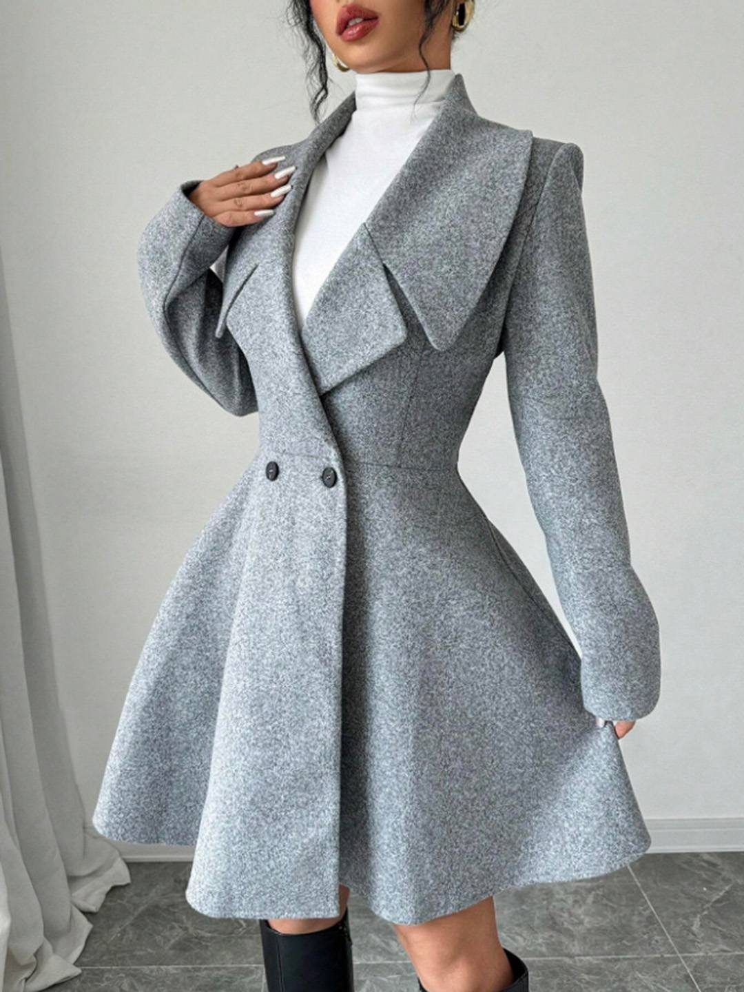 Cocolii mi-longue manteau patineuse boutons col revers manches longues femme doux élégant vintage veste de soirée