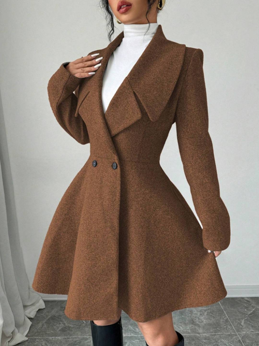 Cocolii mi-longue manteau patineuse boutons col revers manches longues femme doux élégant vintage veste de soirée