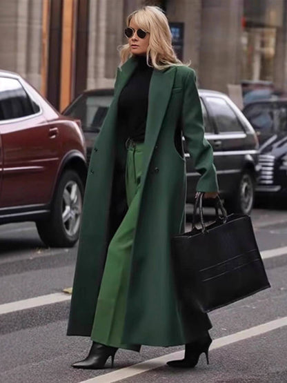 Cocolii manteau long cheville femme double boutonnage col revers manches longues élégant vintage droite veste