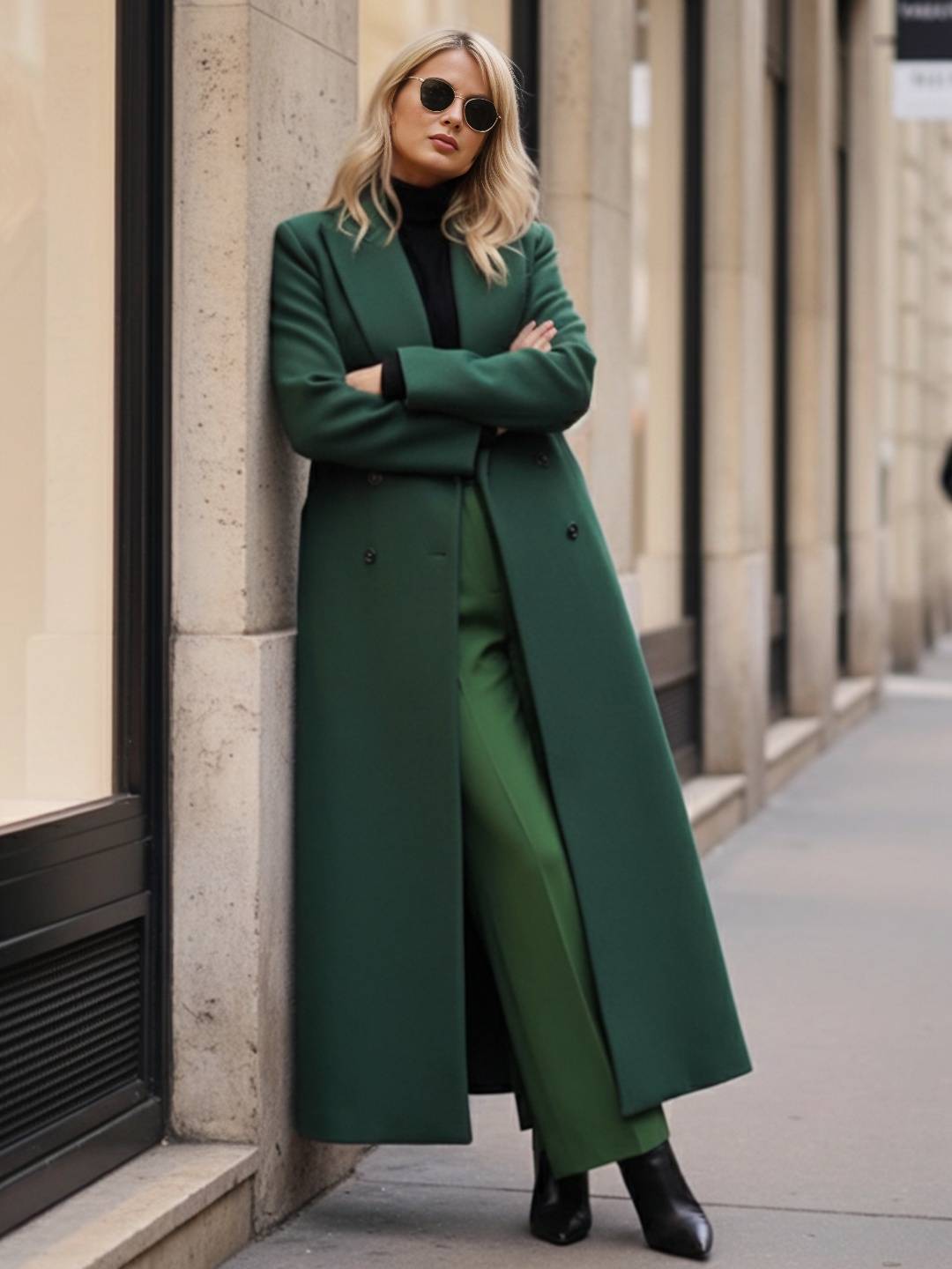 Cocolii manteau long cheville femme double boutonnage col revers manches longues élégant vintage droite veste