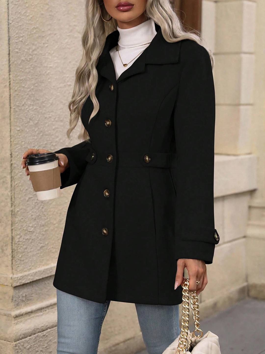 Cocolii mi-longue manteau élégant femme hiver chaud coupe-vent avec ceinture ajustable col rabattu boutonné idéal quotidien