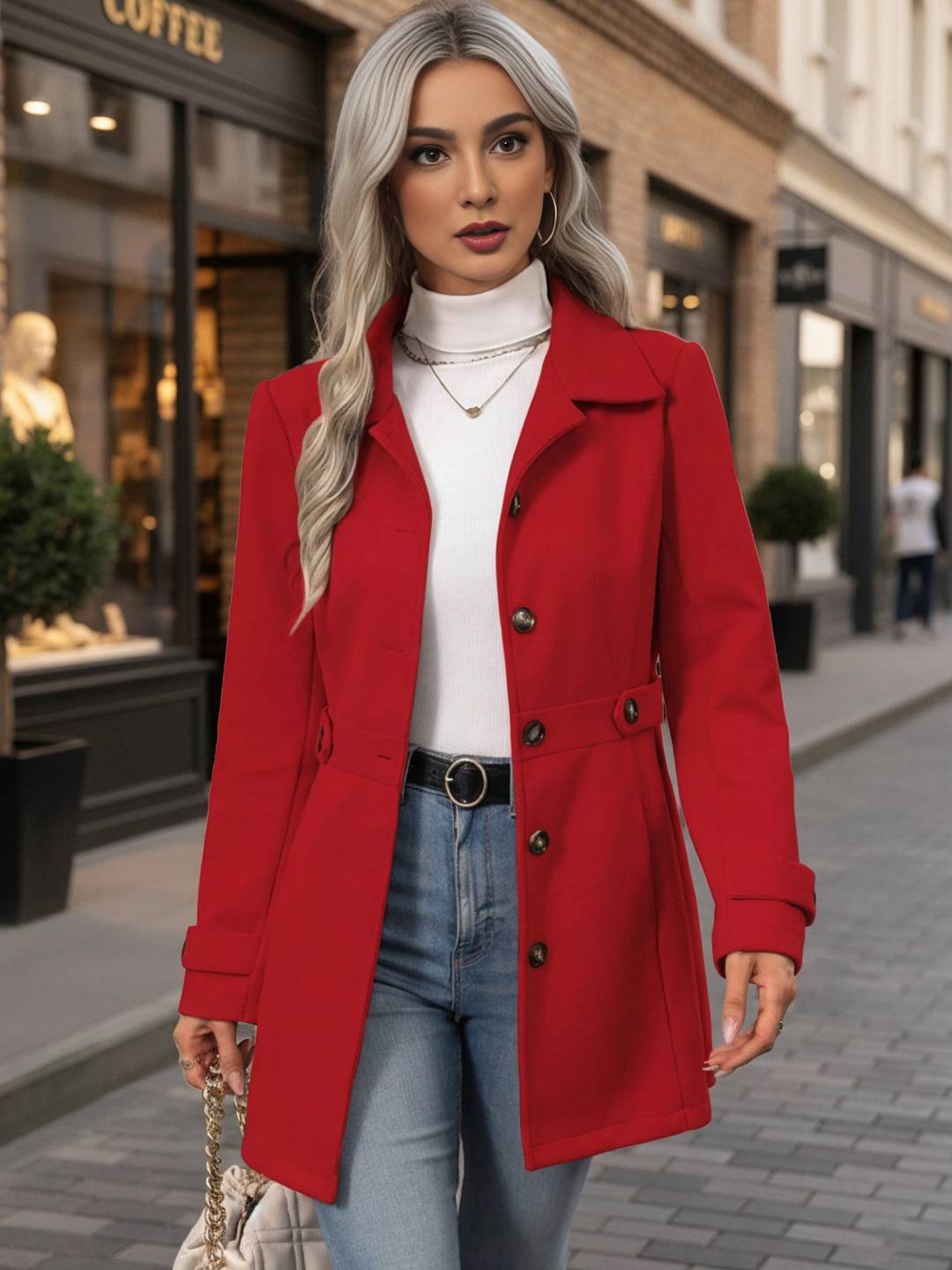 Cocolii mi-longue manteau élégant femme hiver chaud coupe-vent avec ceinture ajustable col rabattu boutonné idéal quotidien