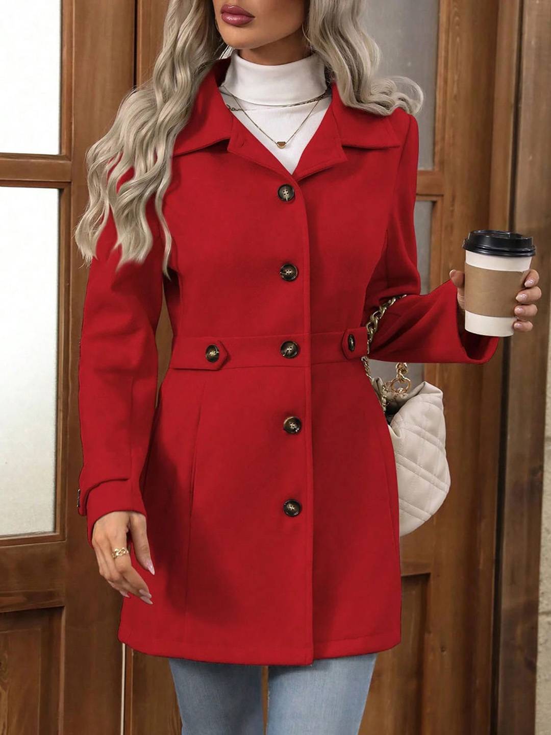 Cocolii mi-longue manteau élégant femme hiver chaud coupe-vent avec ceinture ajustable col rabattu boutonné idéal quotidien