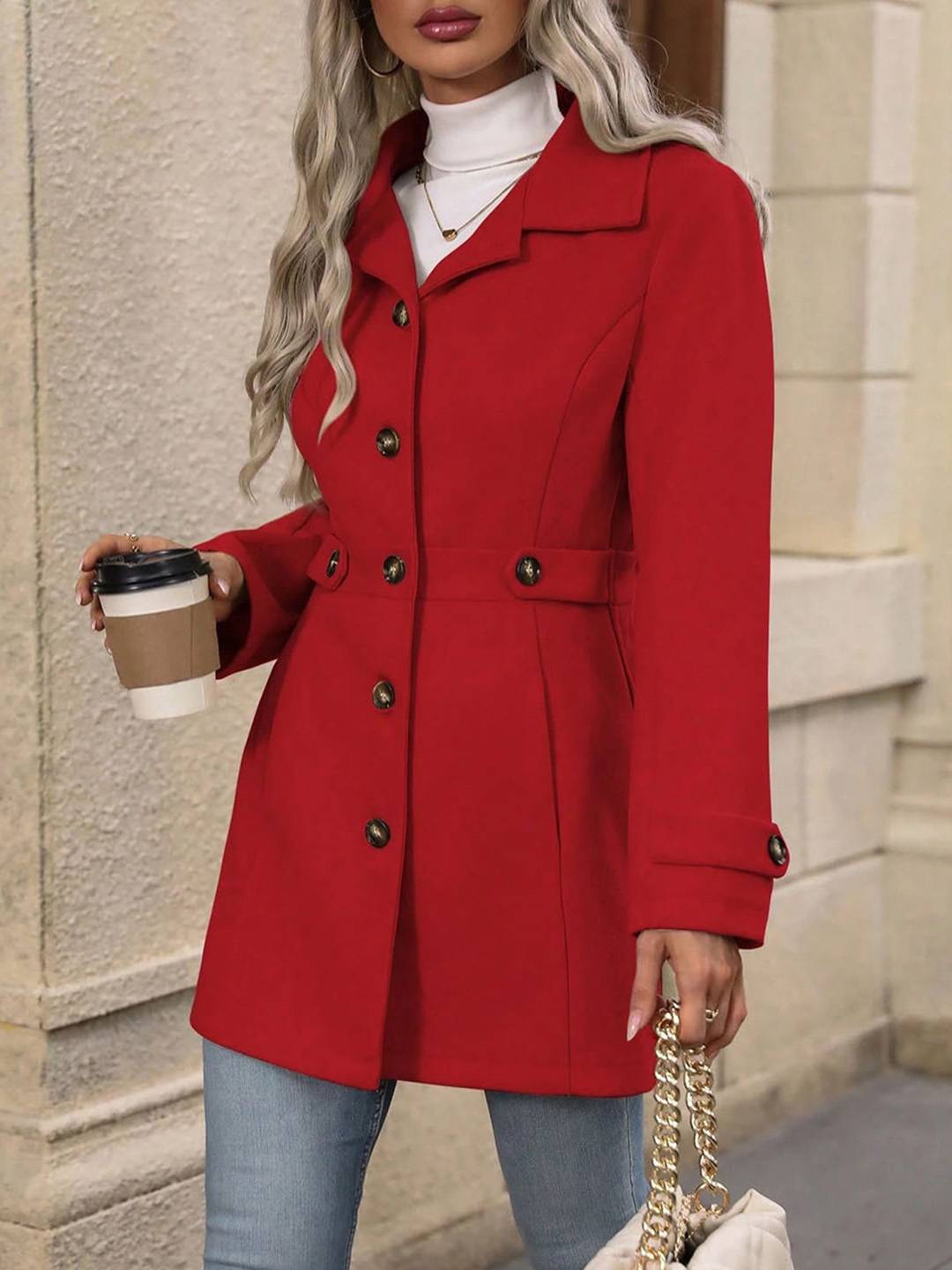 Cocolii mi-longue manteau élégant femme hiver chaud coupe-vent avec ceinture ajustable col rabattu boutonné idéal quotidien