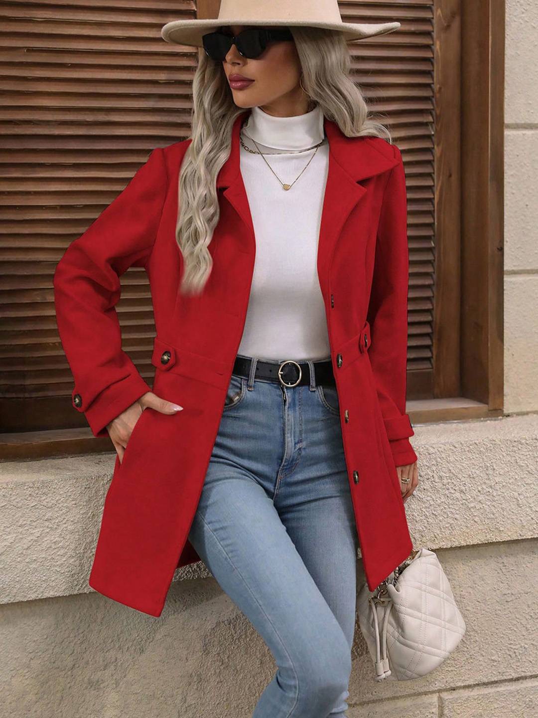 Cocolii mi-longue manteau élégant femme hiver chaud coupe-vent avec ceinture ajustable col rabattu boutonné idéal quotidien