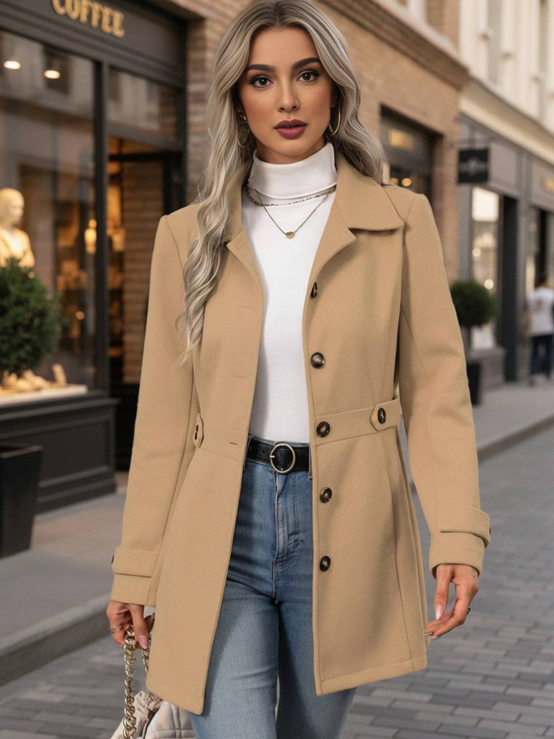 Cocolii mi-longue manteau élégant femme hiver chaud coupe-vent avec ceinture ajustable col rabattu boutonné idéal quotidien