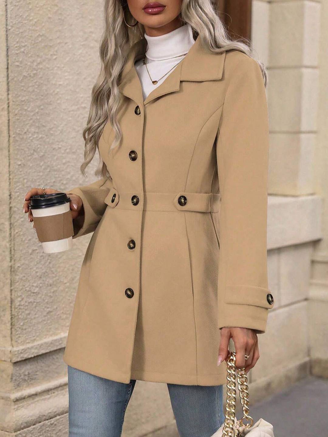 Cocolii mi-longue manteau élégant femme hiver chaud coupe-vent avec ceinture ajustable col rabattu boutonné idéal quotidien