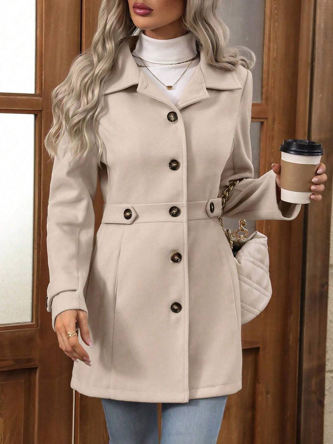 Cocolii mi-longue manteau élégant femme hiver chaud coupe-vent avec ceinture ajustable col rabattu boutonné idéal quotidien