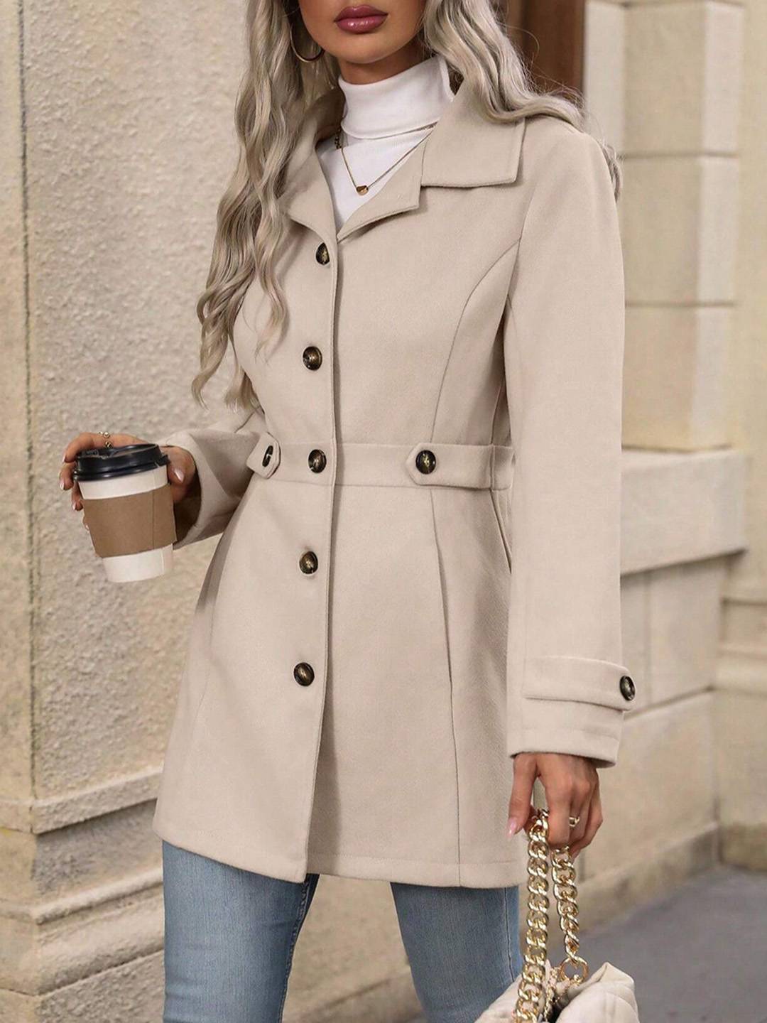 Cocolii mi-longue manteau élégant femme hiver chaud coupe-vent avec ceinture ajustable col rabattu boutonné idéal quotidien