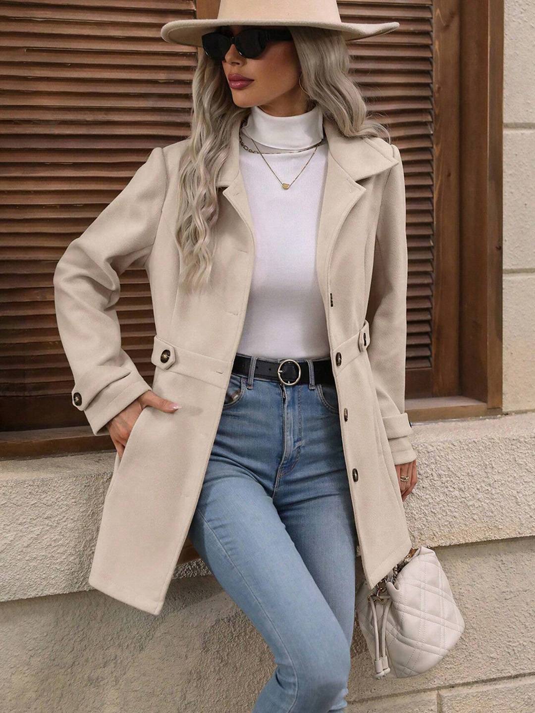 Cocolii mi-longue manteau élégant femme hiver chaud coupe-vent avec ceinture ajustable col rabattu boutonné idéal quotidien