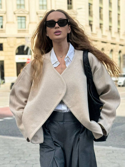 Cocolii veste court femme en laine manteau oversize ouvert sans col élégant décontracté blouson chic pour automne hiver