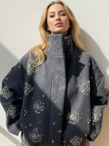 Cocolii court manteau gris femme avec brillante paillette broderies flocons de neige scintillantes et col montant oversized veste