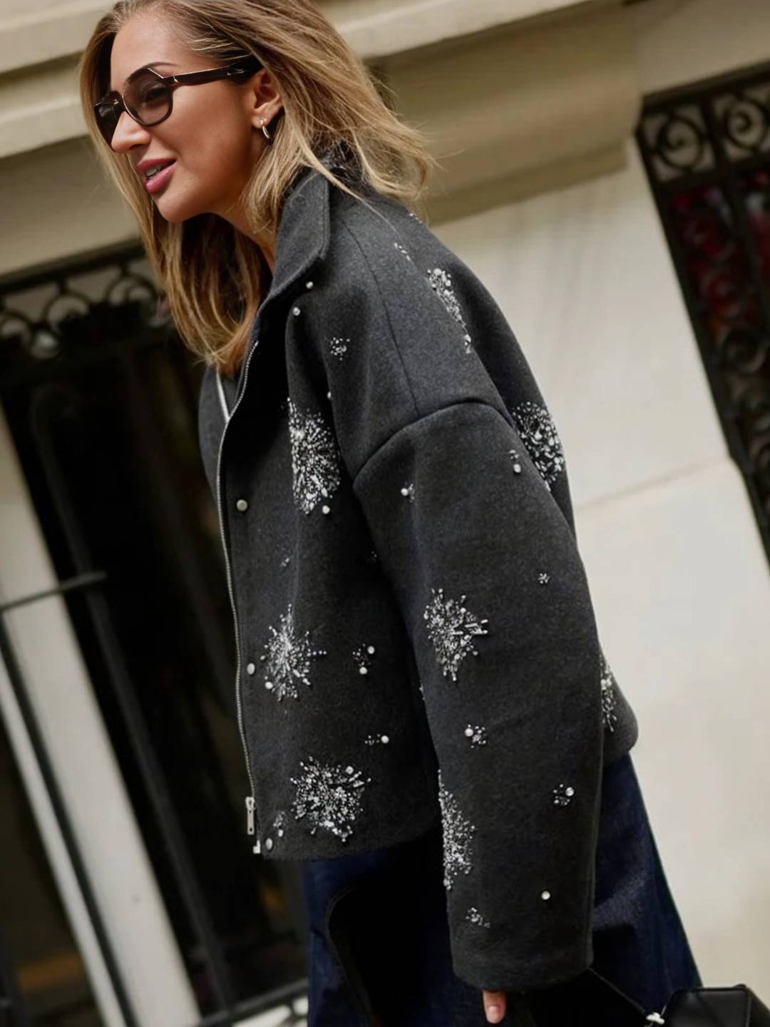 Cocolii court manteau gris femme avec brillante paillette broderies flocons de neige scintillantes et col montant oversized veste