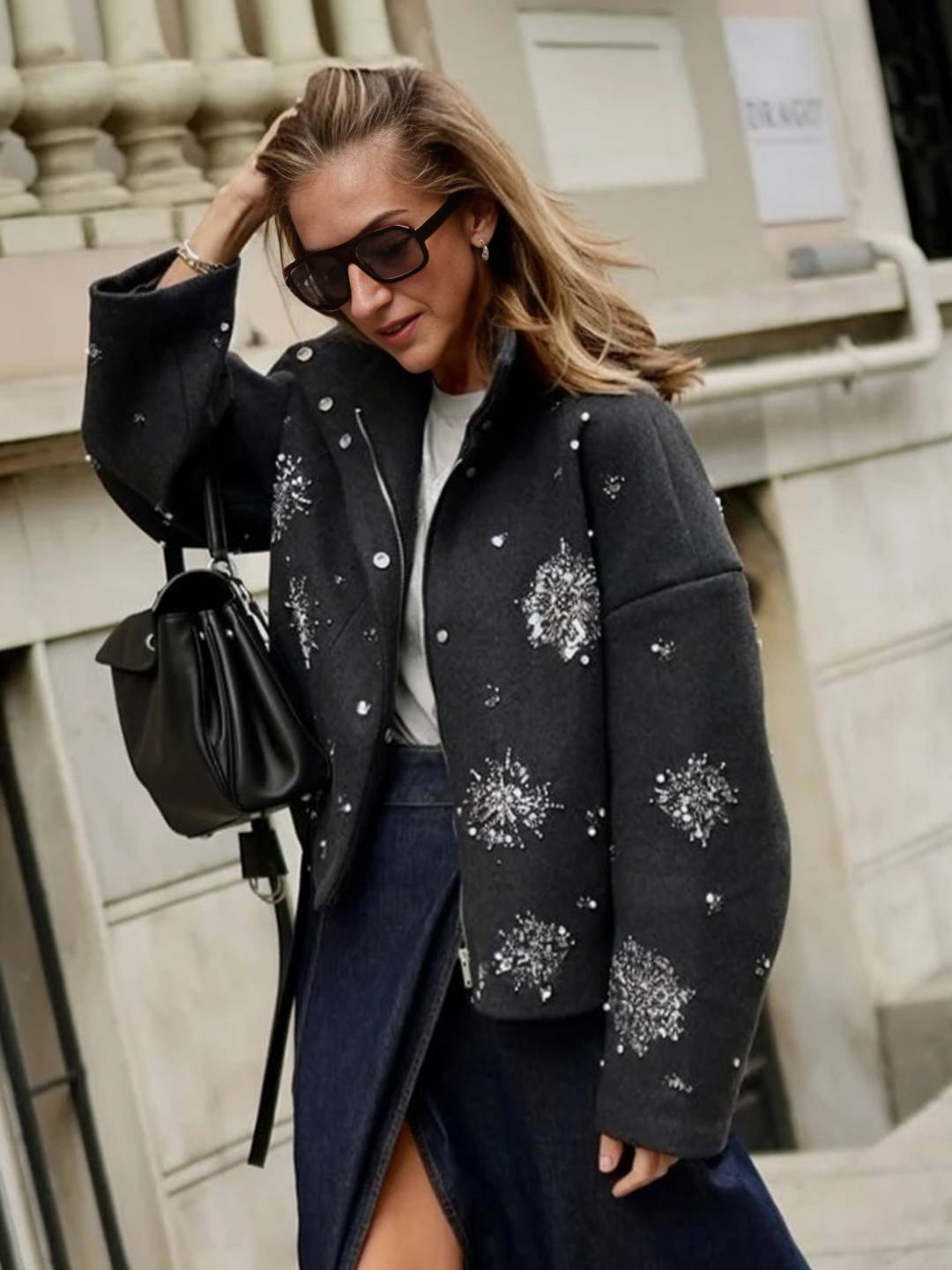 Cocolii court manteau gris femme avec brillante paillette broderies flocons de neige scintillantes et col montant oversized veste