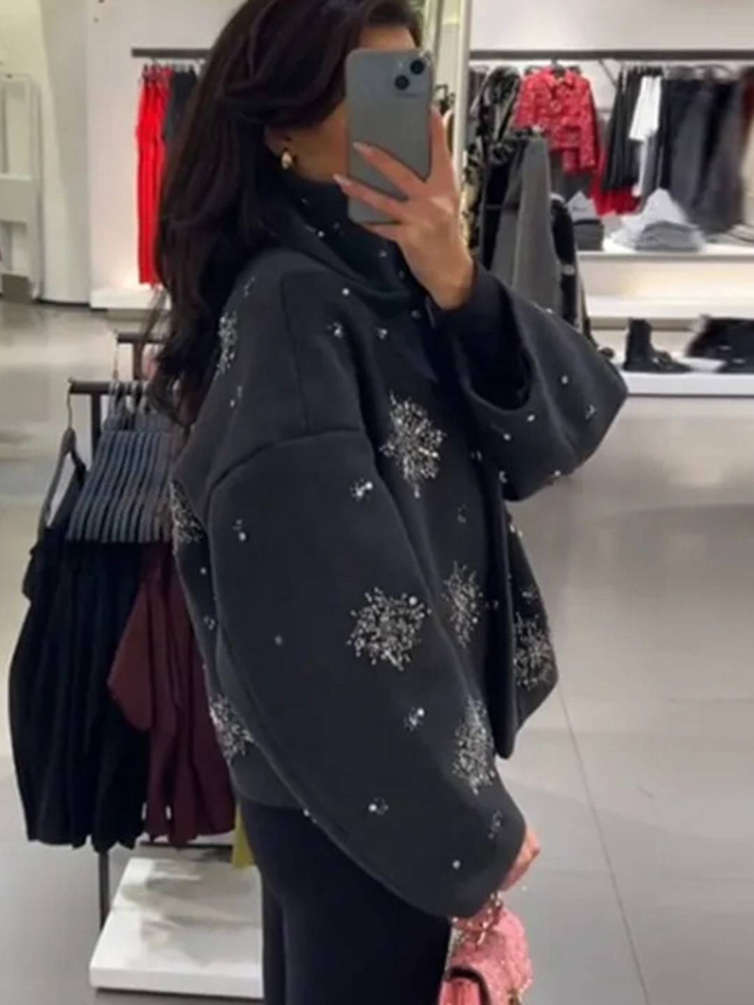 Cocolii court manteau gris femme avec brillante paillette broderies flocons de neige scintillantes et col montant oversized veste