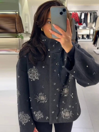 Cocolii court manteau gris femme avec brillante paillette broderies flocons de neige scintillantes et col montant oversized veste