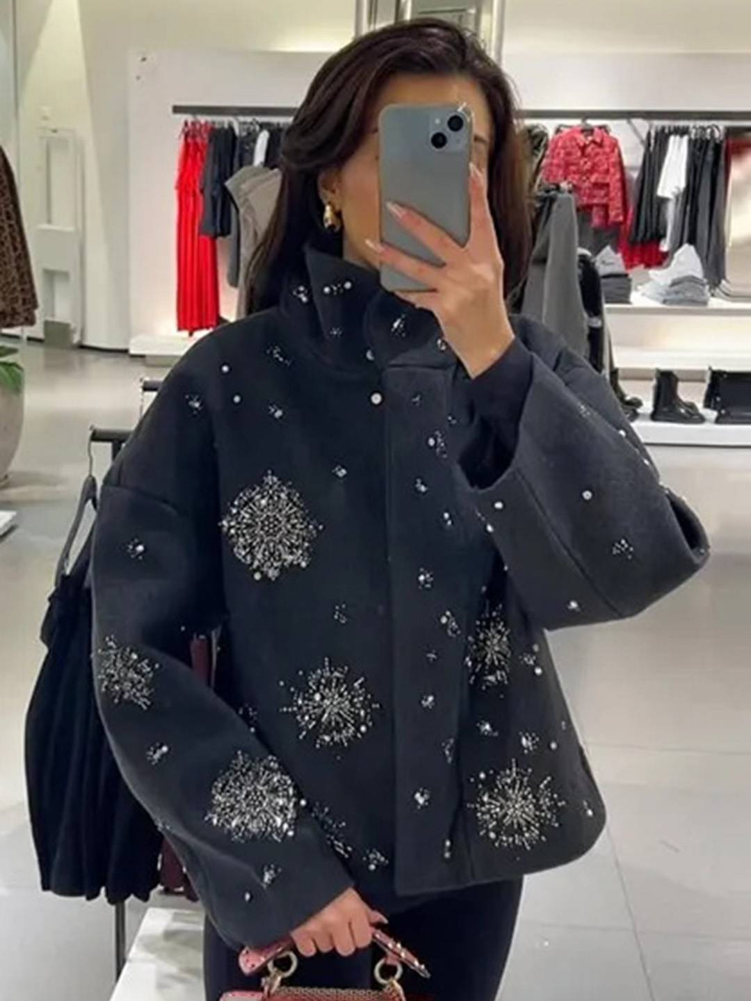 Cocolii court manteau gris femme avec brillante paillette broderies flocons de neige scintillantes et col montant oversized veste