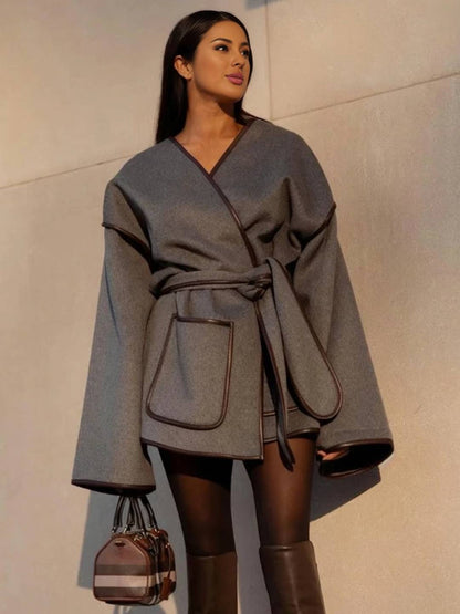 Cocolii mi-longue manteau en laine ceinture v-cou manches longues poches femme élégant vintage décontracté blouson