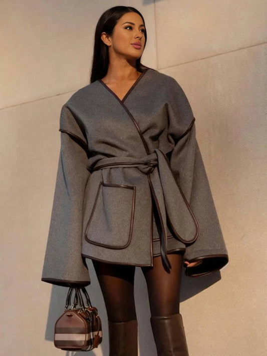 Cocolii mi-longue manteau en laine ceinture v-cou manches longues poches femme élégant vintage décontracté blouson