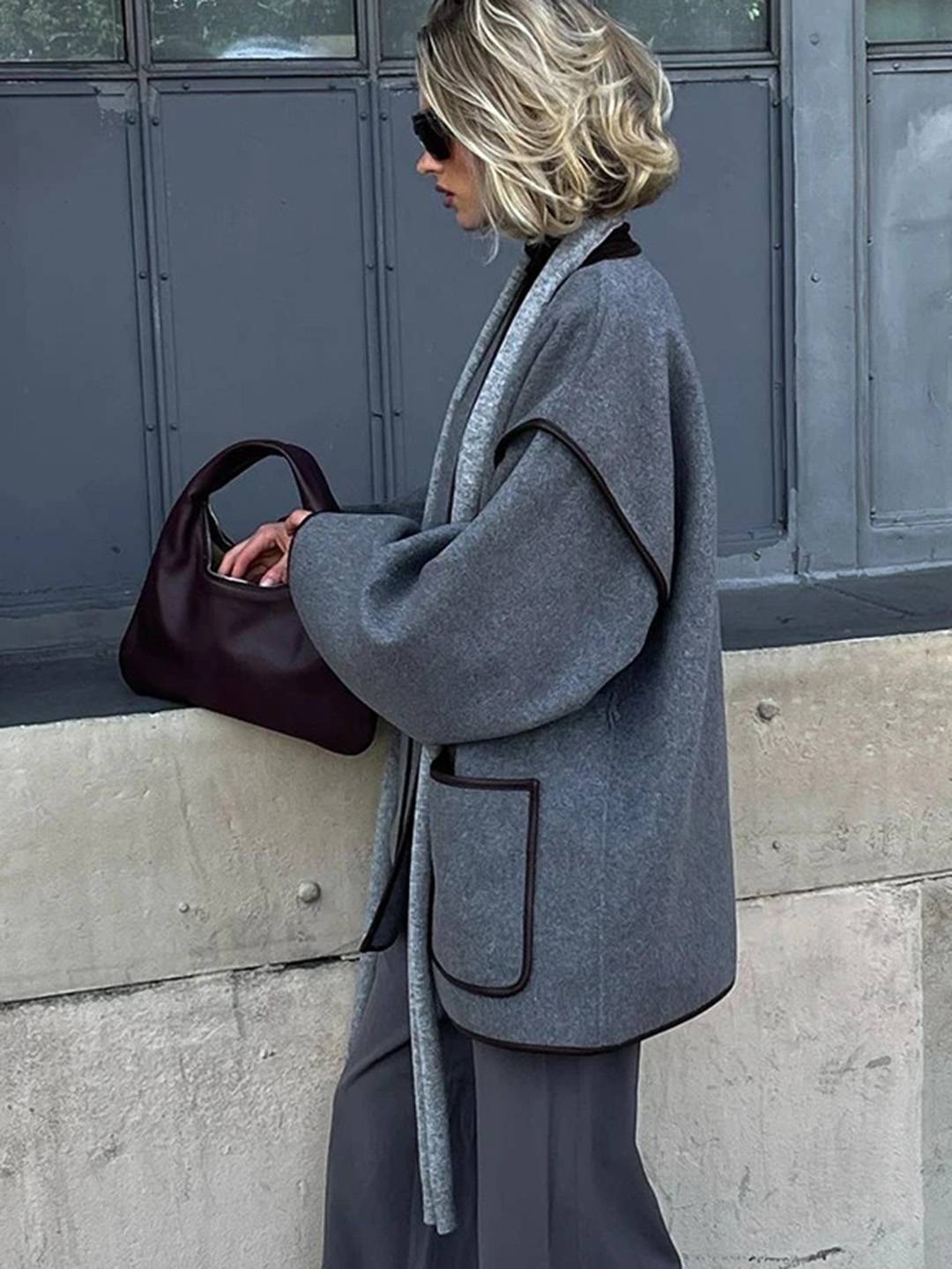 Cocolii mi-longue manteau en laine ceinture v-cou manches longues poches femme élégant vintage décontracté blouson