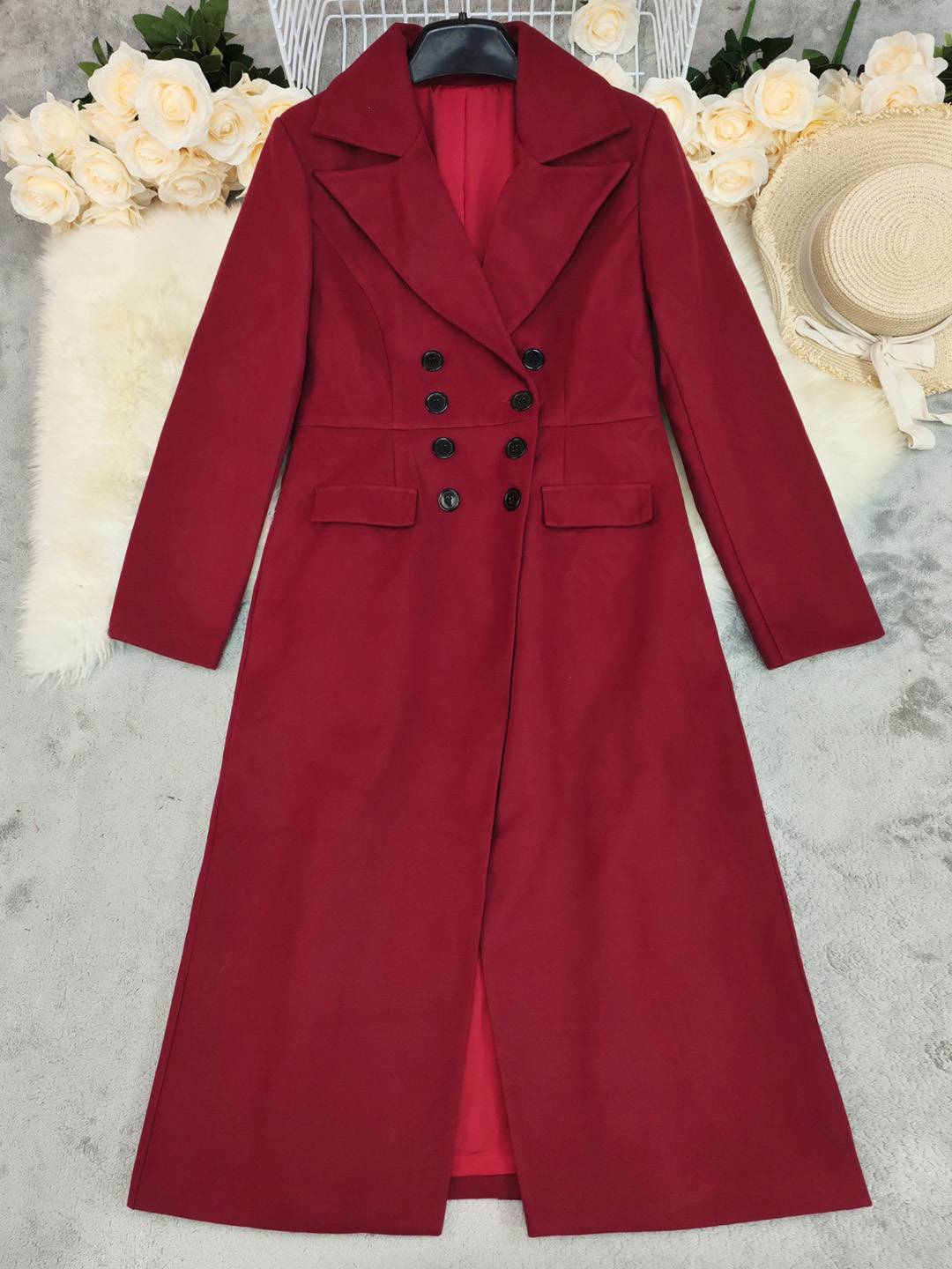 Cocolii longue manteau trapèze femme double boutonnage poches col revers manches longues décontracté vintage veste
