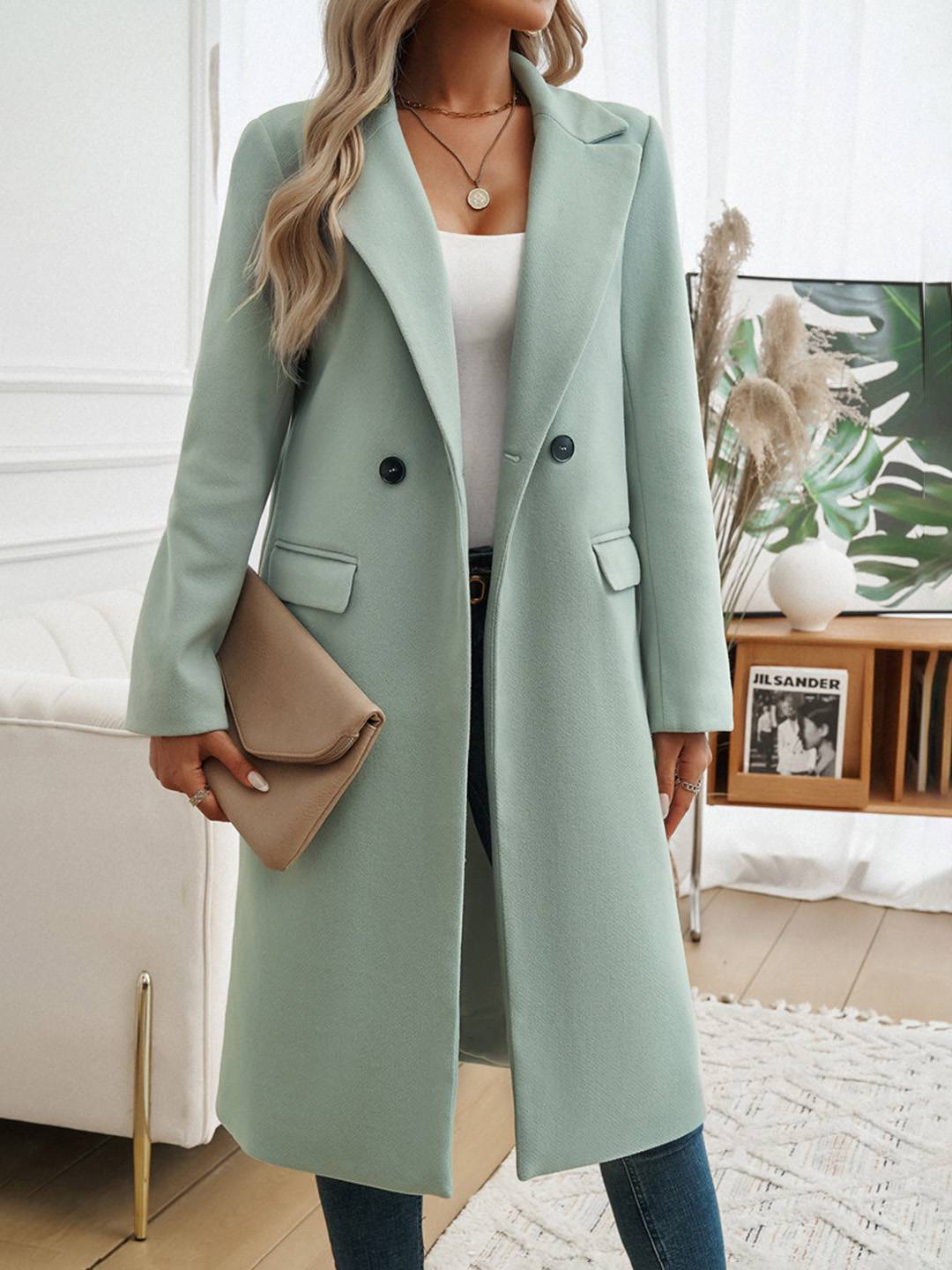 Cocolii mi-longue manteau en laine boutons poches col revers manches longues femme élégant vintage veste