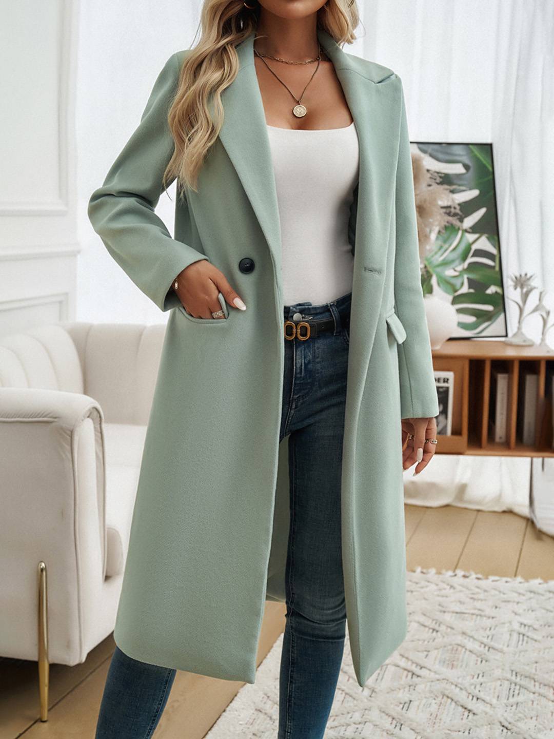 Cocolii mi-longue manteau en laine boutons poches col revers manches longues femme élégant vintage veste
