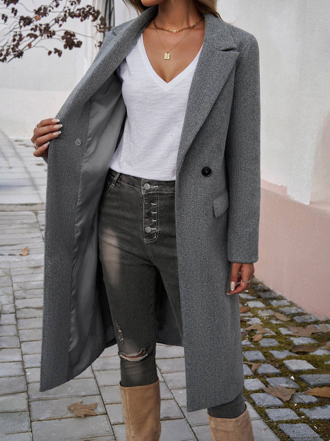 Cocolii mi-longue manteau en laine boutons poches col revers manches longues femme élégant vintage veste