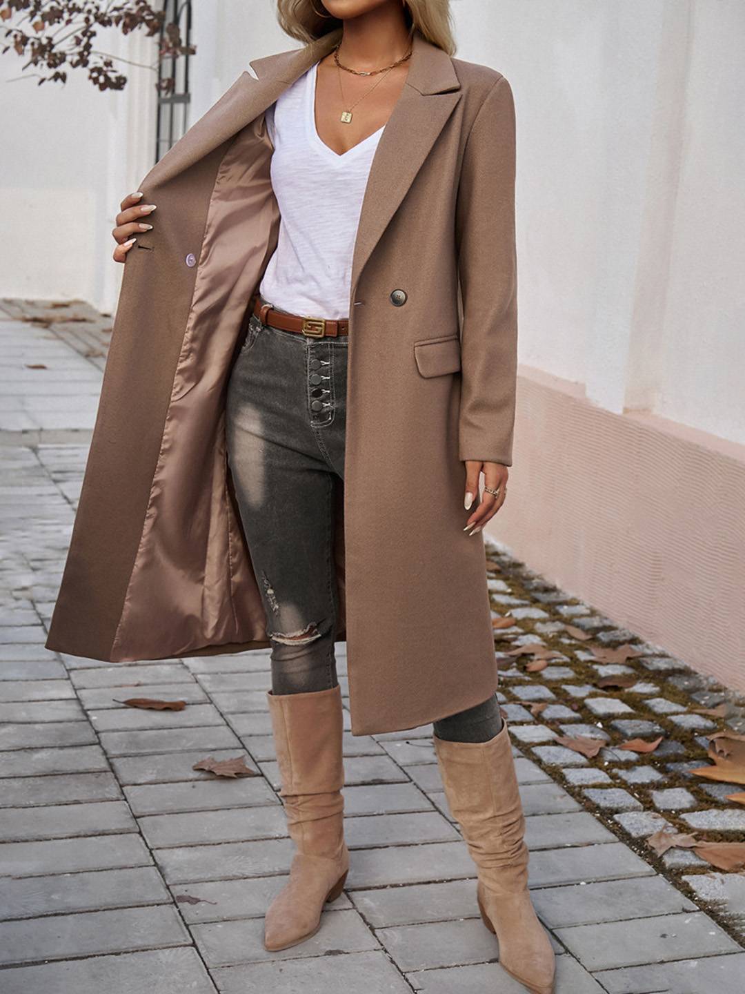 Cocolii mi-longue manteau en laine boutons poches col revers manches longues femme élégant vintage veste